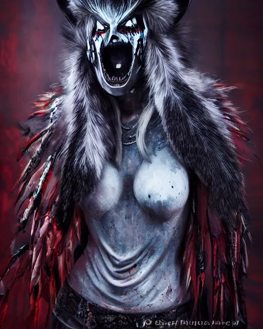 Image similar to wolf mutant ghost - spirit of the grim - warpaint wears the scarlet skull armor and native blood headdress feathers, midnight fog - mist!, dark oil painting colors, realism, cinematic lighting, various refining methods, micro macro autofocus, ultra definition, award winning photo, photograph by ghostwave - gammell - giger - shadowlord