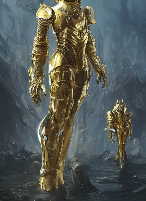 Image similar to knight with angel vibe in heavy gold and white armor, full body silhouette. dark water, tentacles, cyberpunk pearl armor, futuristic fantasy, highly detailed, digital painting, trending on artstation, concept art, sharp focus, illustration, art by artgerm and nixeu and greg rutkowski and magali villeneuve.