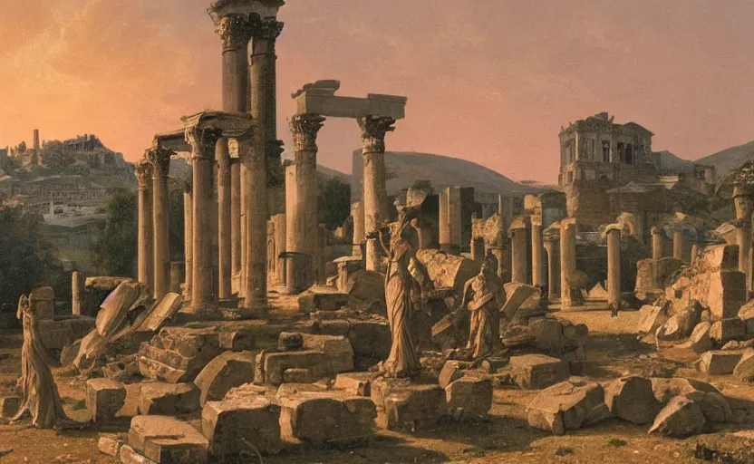 Prompt: a detailed painting of a statue of the goddess Athena towers above a ruined roman city, smoking rubble, at dusk