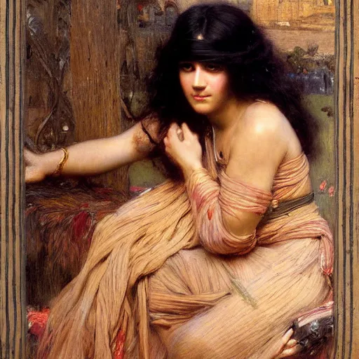 Prompt: orientalist painting of bangs, curly black hair woman with brown skin portrait by john william waterhouse and Edwin Longsden Long and Theodore Ralli and gaston bussiere. Cinematic, hyper realism, dramatic lighting, high detail 8k
