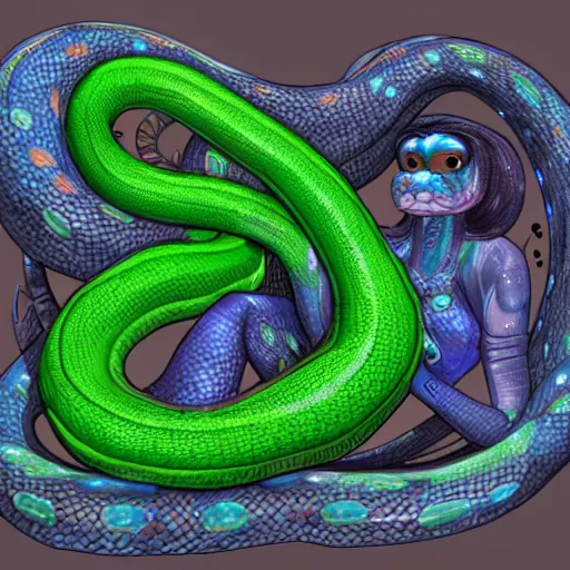 Image similar to full body anthromorphic snake goddess extremely detailed, octance render, huge, cosmic scale, 4 k, detailed skin, furry, furaffinity, snake fursona, serpent goddess,