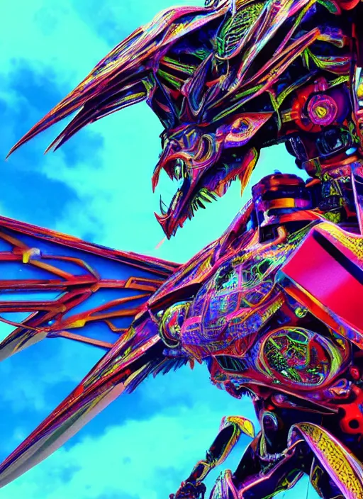 Image similar to / imagine a 3 d render of a huge robot with feathered wings attached to its back. saturated colors, ultra detailed, hyper realistic, intricate, japanese, futuristic,