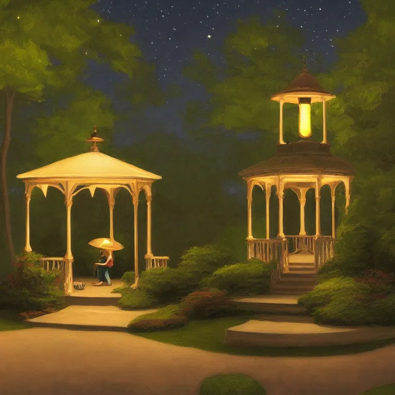 Image similar to a storybook illustration of a beautiful cozy moonlit gazebo, fireflies, quiet night foggy scene painted by Edward Hopper masterpiece, intricate, elegant, fantasy, highly detailed, digital painting, concept art, sharp focus, artstation