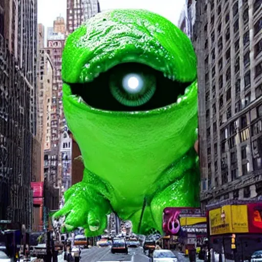 Prompt: huge slime monsters with one eye attacks new york