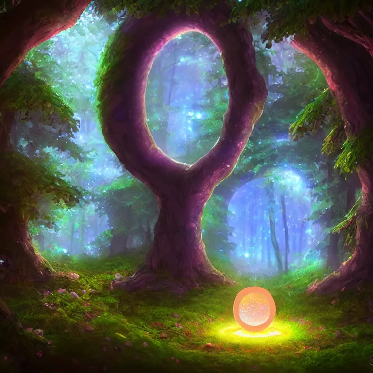 Image similar to Fantasy Magical fairy-tale glowing stone portal in the forest. Round stone portal teleport in trees to other worlds. Fantastic landscape. Magic Altar in the fores, highly detailed, digital painting, artstation