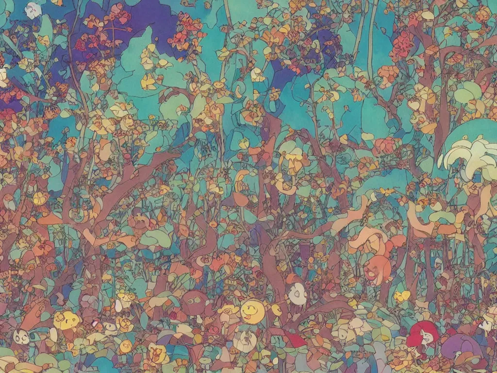 Prompt: colorful blueprint sideview of a fairytale forest, illustration, concept art, autumn light, colorful, beautiful, studio ghibli, hayao miyazaki, takashi murakami, alfons mucha, manga, cute and adorable