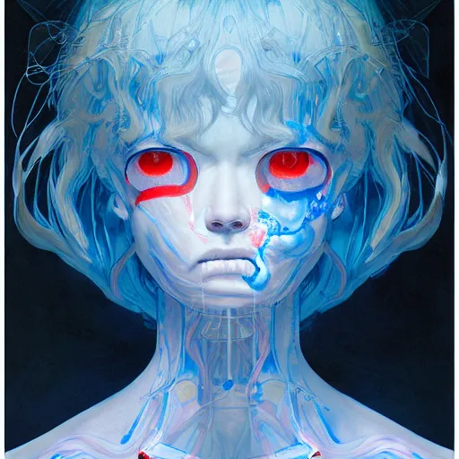 Image similar to prompt : blue portrait soft light painted by james jean and katsuhiro otomo and erik jones, inspired by evangeleon anime, smooth face feature, intricate oil painting, high detail illustration, sharp high detail, manga and anime 1 9 9 0