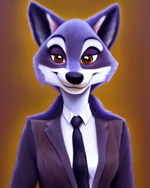 Image similar to oil painting of anthromorphic female wolf, in style of zootopia, female fursona, furry, furaffinity, 4 k, deviantart, furry art, fursona art, wearing black business suit, business suit, wolf fursona, female, very expressive detailed feminine face,