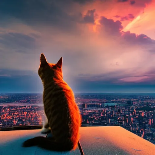 Prompt: cat watches a post apocalyptic city view where the sky is on fire