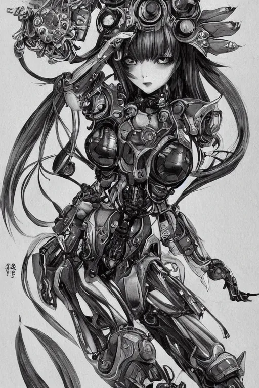 Image similar to full body illustration, mechanized burnette female, blissful succubus, highly detailed, sumi - e art, suiboku - ga ink, by kim jisu, pen and ink monochrome, mecha, deviantart, artstation, pinterest