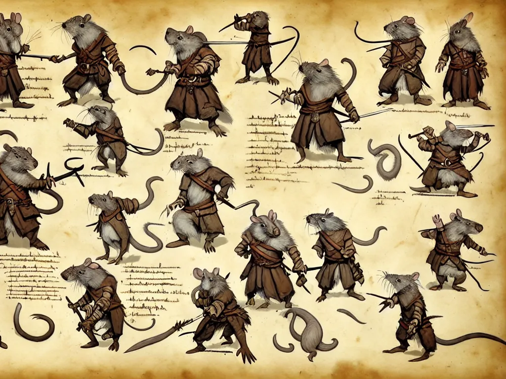 Prompt: character design sheet for a group of heroic rat pirates on a parchment background, redwall, greg rutowski and jean baptiste monge, very very detailed, epic fantasy concept art