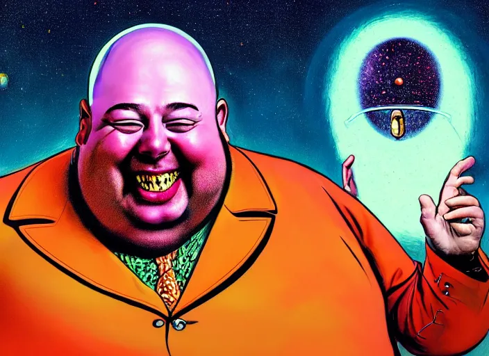 Prompt: A psychedelic portrait of very obese laughing and fat jeff bezos with monocle and tophat looking out from rocket window while earth explodes in background , vibrant color scheme, highly detailed, in the style of romanticism, cinematic, artstation, Moebius, Greg rutkowski