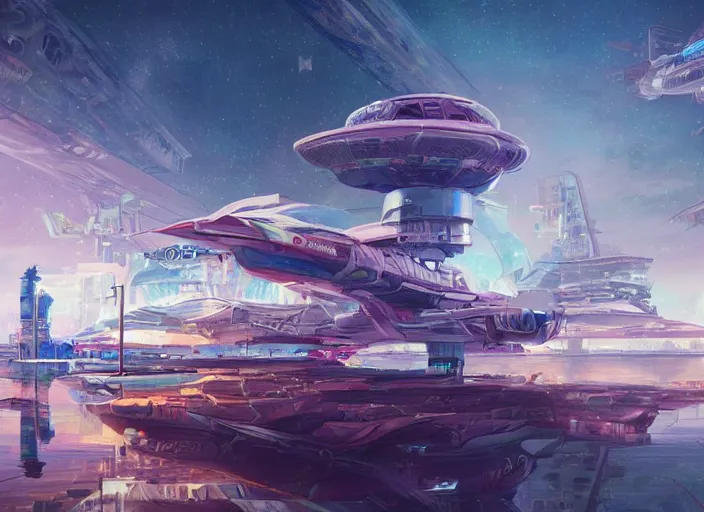 Image similar to detailed concept art illustration colorful pastel painting of a retro sci-fi solarpunk spaceship docked at port in full intricate detail, ultra detailed, digital art, octane render, 4K, dystopian, micro details