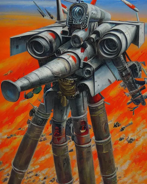 Prompt: portrait of a sukhoi mech armed with rockets and a minigun, oil painting, soviet airplane, tribal yurta, postapocalyptic