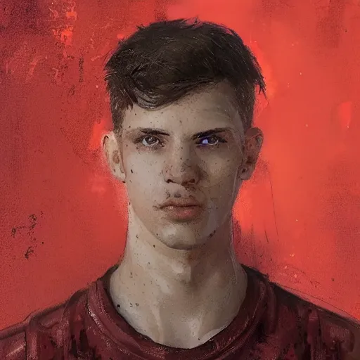 Prompt: Portrait of a man by Greg Rutkowski, he is about 20 years old, copper short hair, his features are a mix between Scottish and Arabian, strong and tall, cool dad vibes, he is wearing utilitarian red and black jumpsuit, highly detailed portrait, digital painting, artstation, concept art, smooth, sharp foccus ilustration, Artstation HQ.