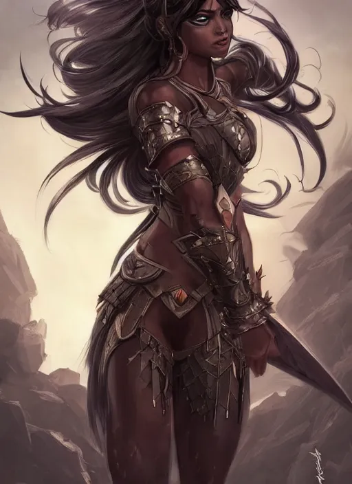 Image similar to beautiful warrior lady, black long hair, practical armor, brown skin, demonic eyes, low fantasy, extremely detailed, sharp focus, smooth, digital illustration, by rossdraws, frank franzzeta, sakimichan