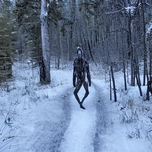 Prompt: trailcam footage of a skinny white wendigo in the distance hidden behing trees