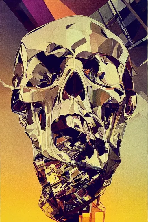 Prompt: wideangle, a portrait of a shattered skull, lost in tensor fields, madness, decoherence, synthwave, glitch!!, fracture, realistic, hyperdetailed, concept art, golden hour, art by syd mead, cubism