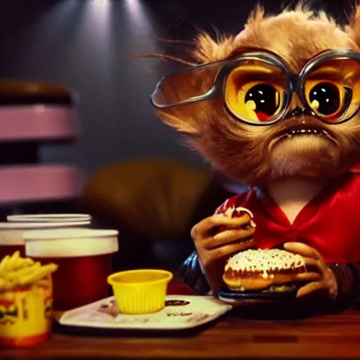 Image similar to Gizmo from Gremlins 1984 eating hamburgers with extra ketchup and mustard, pickles, onions, lettuce, Big Macs, intricate, epic lighting, cinematic composition, hyper realistic, 8k resolution, unreal engine 5, by Artgerm, tooth wu, dan mumford, beeple, wlop, rossdraws, James Jean, Andrei Riabovitchev, Marc Simonetti, yoshitaka Amano, Artstation