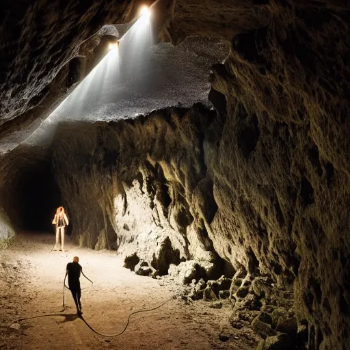 Prompt: a large cave opening with green lighting on the walls, a woman walking with a lantern lit by candle light, her dog is walking aside her with a stick in his mouth