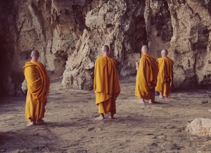 Prompt: humanoid alien robed monks sing in a stone monastery kodak vision 2 0 0 t