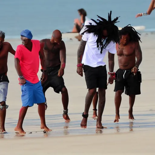 Prompt: lil wayne causing trouble on the beach
