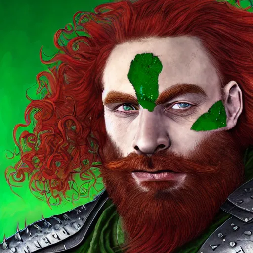 Prompt: portrait of a red haired dwarf - long curly hair, full beard, scar on the forhead, wearing leather armor with green accents, battleaxe on his back art by disney, digital art, highly detailed, intricate, sharp focus, 4 k uhd image