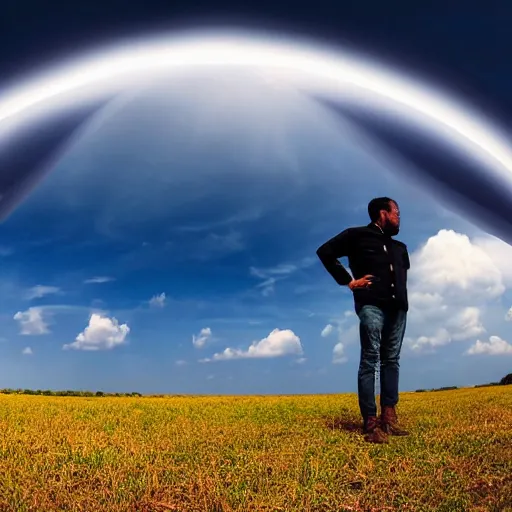 Image similar to a man standing in a open field with a rift in the sky, wide angle shot, hd, intricate detail