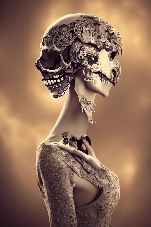 Prompt: dream a beautiful young skull princesse, skull face, skeletton, silver hair, eclipse aura on back, closed eyes, detailed portrait, intricate complexity, symmetrical eyes and body, portrait, atmospheric, postprocessing, medium shot, elegant pose, VFX, editorial photo, HD, golden ration, cinematic lightning, octane render, unreal engine, 8k, ine the style of Artgerm, Kazuki Tanahashi, and WLOP, quixel megascan