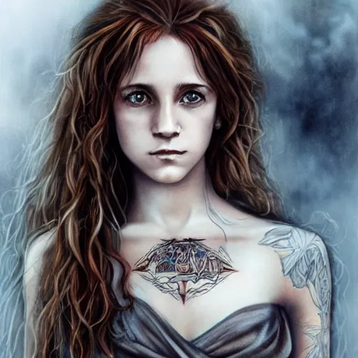 Prompt: dressed Hermione Granger in tattoos, by luis royo, beautiful gown, beautiful eyes, Beautiful face, by Aggi Erguna, high detail, high resolution