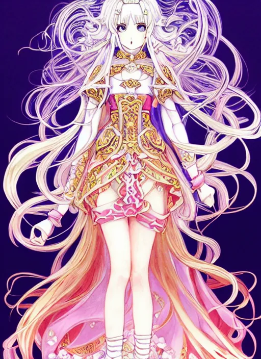 Image similar to exquisite imaginative fire emblem heroes manga card poster design of princess, fate, long wavy hair, rococo ruffles dress, fluorescent, illustration, artstation, dark fantastic, highly detailed, 8 k, maximalist, by shigenori soejima, minaba hideo, katsuhiro otomo, jump comics