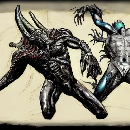 Image similar to concept art prometheus sequel, xenomorph vs predator