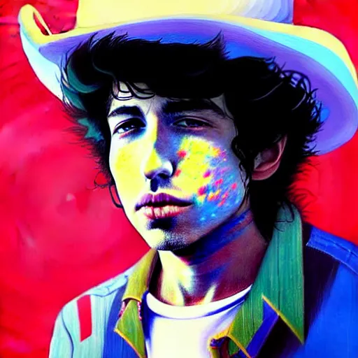 Prompt: an ultradetailed painting of young bob dylan wearing a cowboy hat and smirking by conrad roset, greg rutkowski and makoto shinkai trending on artstation