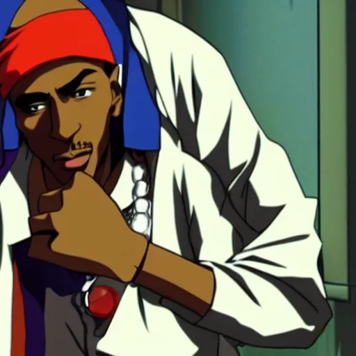 Image similar to Tupac Shakur, screenshot from a 2012s anime