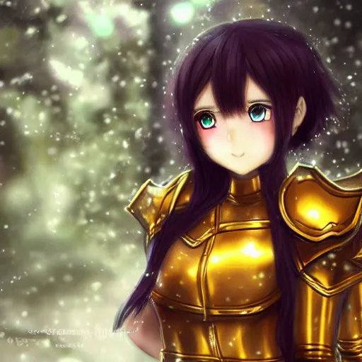 Image similar to portrait focus of knight beautiful 3D anime girl, golden armor wearing, dark forest background, snowing, bokeh, inspired by Masami Kurumada, digital painting, high contrast, unreal engine render, volumetric lighting, high détail