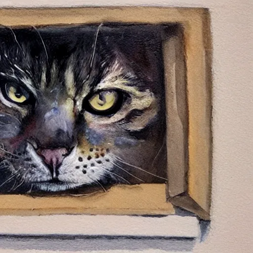 Image similar to giant cat with yellow eyes looking through a window at Jodie Marsh, Greg Rutkowski