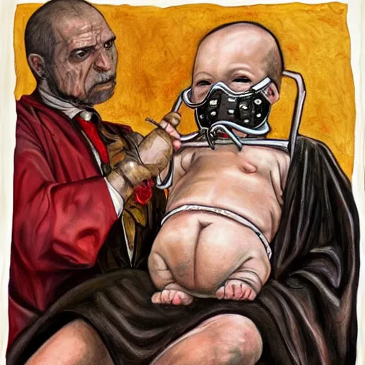 Image similar to hyper realistic painting of a handsome man symmetrical, sitting in a gilded throne, tubes coming out of the man's arm, getting a blood transfusion from a baby. plague doctor in the background created by mike allred