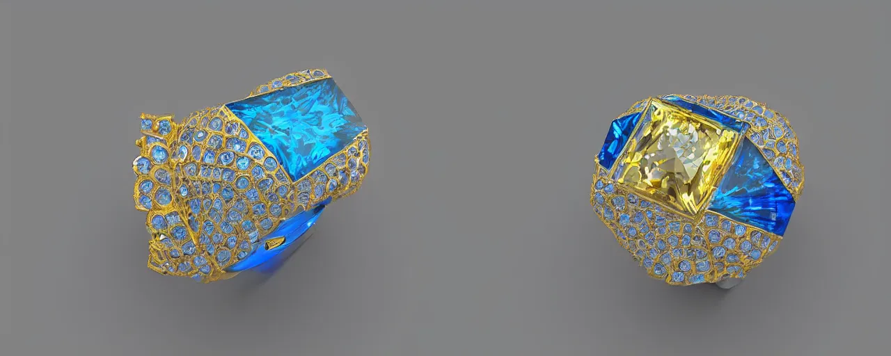 Image similar to simple golden magic crystal ring, radiant cut, ice, blue, gold, smooth shank, crystal, engravings, diamonds, product design, jewelry, colorful, art by gerald brom, greg rutkowski and artgerm, photo realism, unreal engine, c 4 d