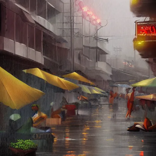 Prompt: lazy south Indian city during monsoon, artstation