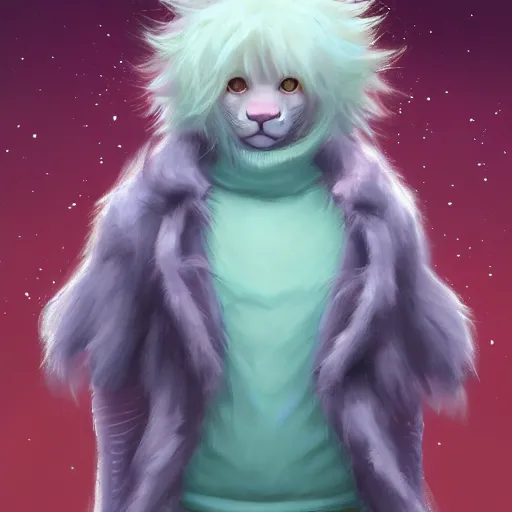 Image similar to aesthetic portrait commission of a albino male furry anthro lion wearing a cute mint colored cozy soft pastel winter outfit, winter atmosphere character design by charlie bowater, ross tran, artgerm, and makoto shinkai. art from furaffinity, weasyl, deviant art, inkbunny