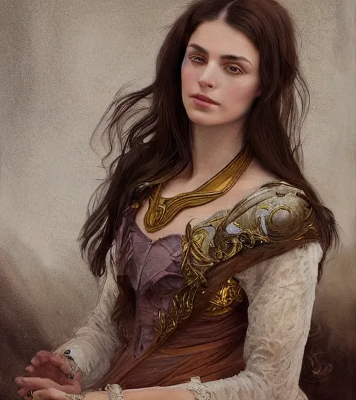 Image similar to portrait of a young woman, regal, soft features, muscular, half body, cloth, hazel eyes, short brown hair, thick eyebrows, back light, d & d, fantasy, intricate, highly detailed, digital painting, artstation, concept art, smooth, sharp focus, illustration, art by artgerm and greg rutkowski and alphonse mucha