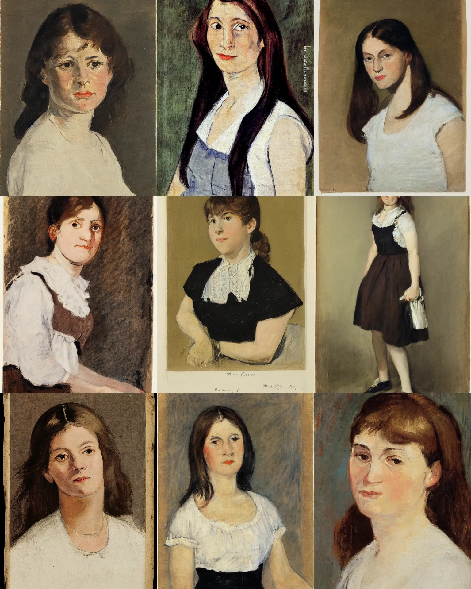 Prompt: a portrait of a woman by mary cassat. she has long straight dark brown hair, parted in the middle. she has large dark brown eyes, a small refined nose, and thin lips. she is wearing a sleeveless white blouse, a pair of dark brown capris, and black loafers.