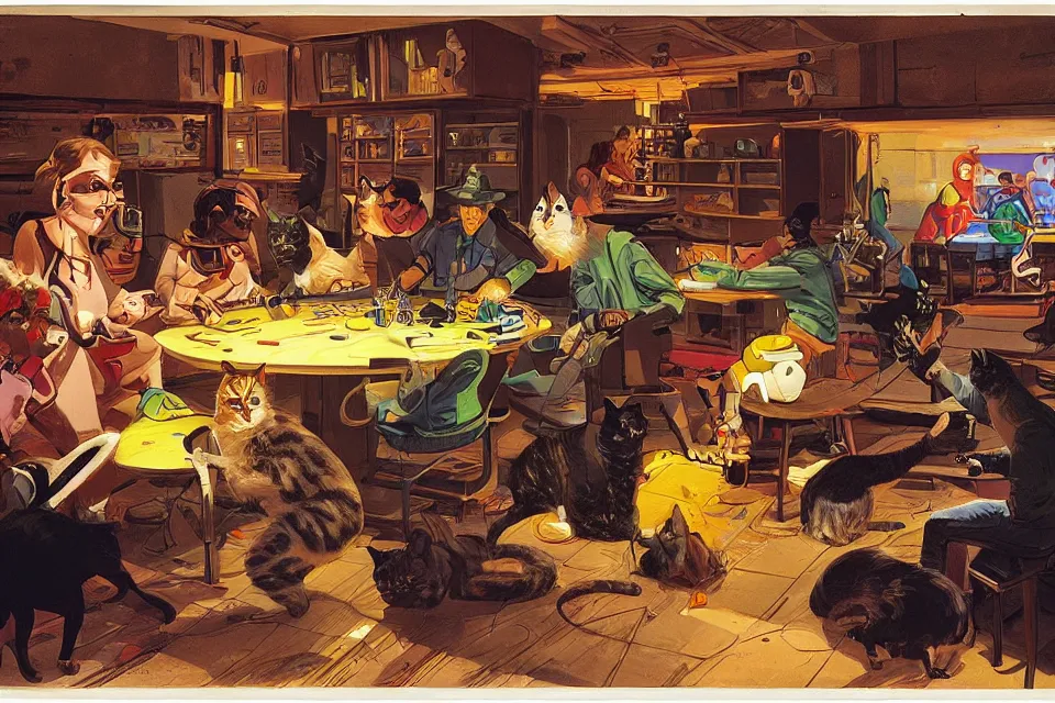 Prompt: people playing dice with cats in a neon basement, by john kricfalusi and syd mead