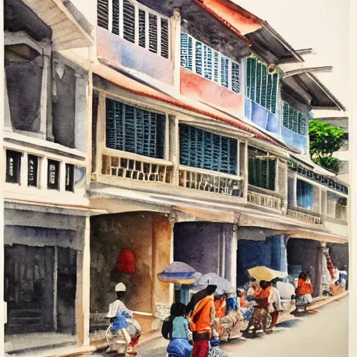 Image similar to singapore katong shophouses street scene, highly detailed, contemporary watercolor, smooth, by joseph zbikowicz, 8 k