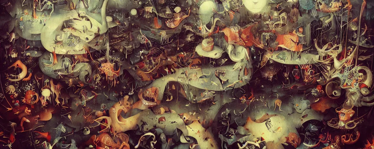 Prompt: LSD Nightmare Trip by Hieronymus Bosch and James Jean, Ross Tran, HD, hypermaximalist, 8k, surreal oil painting, highly detailed, dream like, masterpiece