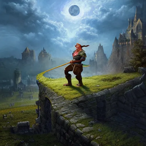 Image similar to shrek as a fantasy style hero, dramatic light, castle background, clouds, moon, storm, night, high detail, fantasy background, painted by stanley lau, painted by greg rutkowski, painted by stanley artgerm, digital art, trending on artstation