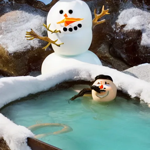Image similar to cinematic photo of a taxidermized fat snake held by a smiling taxidermized snowman in a hot tub