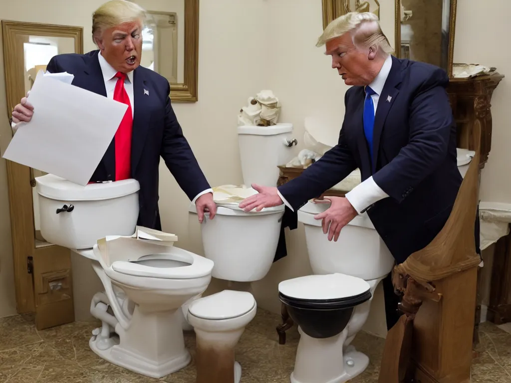 Prompt: photo of donald trump putting documents into toilet