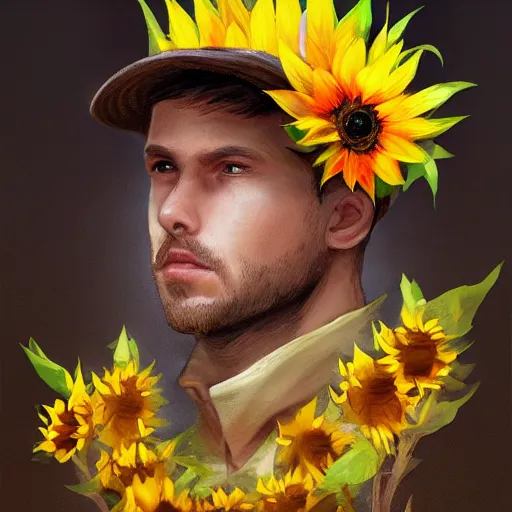 Image similar to a man wears a sunflower hat, bloom, artstation