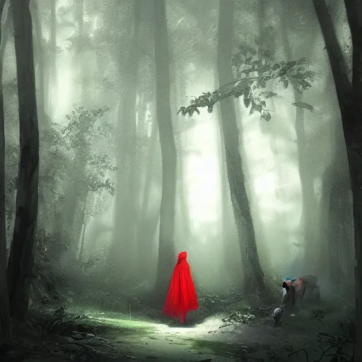 Image similar to little red ridinghood on a dark moonlight forest path being stalked by a wolf, darkwave, darksynth, concept art, sharp, digital matte painting, art by, greg rutkowski, wlop, dramatic lighting, trending on artstation